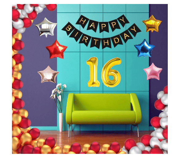     			Blooms Event 1 Set Happy Birthday Banner     Black Color ,  1 Gold ,1 Silver ,1 Red ,1 Royal Blue ,1 Pink & 1 Rose Gold Star shape Foil Balloons, 30 HD Metallic Gold , Silver & Red Balloons ,16 No. Foil Number Silver