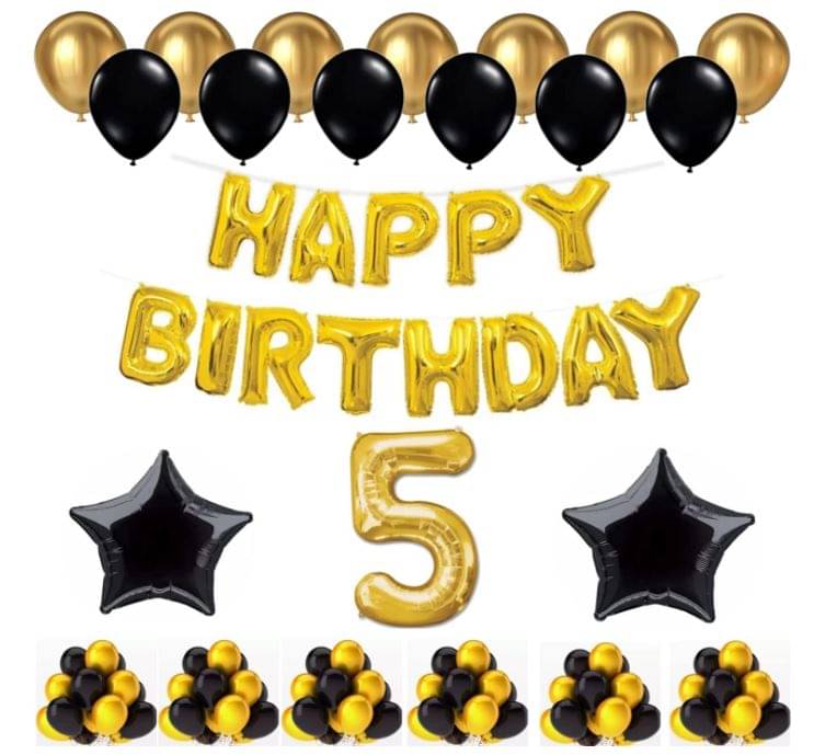 Blooms Event 1 Set Happy Birthday Foil Balloons (Golden Color, 2 PcsBlack Foil Star , 50 Pcs Metallic Balloons   (Black & Golden),5 No. Foil Number Golden     			Blooms Event 1 Set Happy Birthday Foil Balloons (Golden Color, 2 PcsBlack Foil Star , 50 Pcs Metallic Balloons   (Black & Golden),5 No. Foil Number Golden
