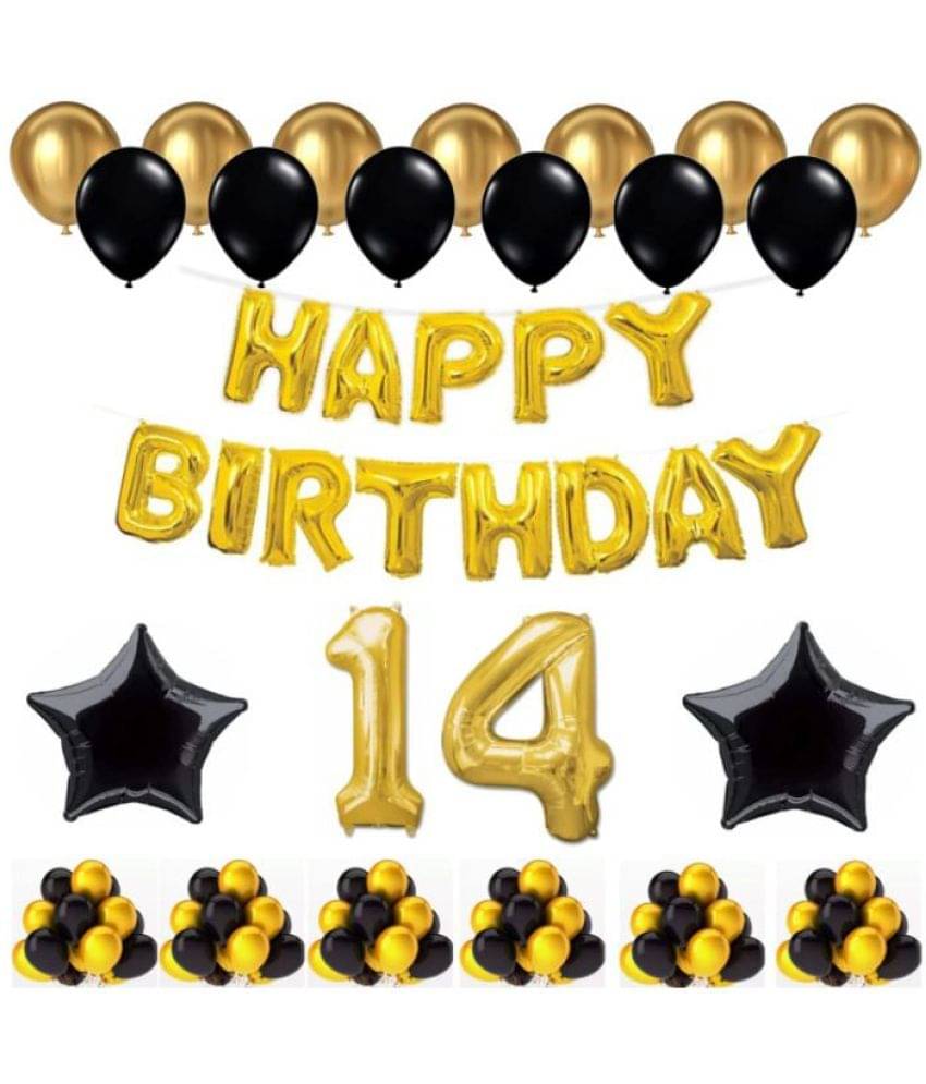     			Blooms Event 1 Set Happy Birthday Foil Balloons (Golden Color, 2 PcsBlack Foil Star , 50 Pcs Metallic Balloons   (Black & Golden), 14No. Foil Number Golden