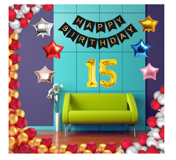     			Blooms Event 1 Set Happy Birthday Banner     Black Color ,  1 Gold ,1 Silver ,1 Red ,1 Royal Blue ,1 Pink & 1 Rose Gold Star shape Foil Balloons, 30 HD Metallic Gold , Silver & Red Balloons ,15 No. Foil Number Silver