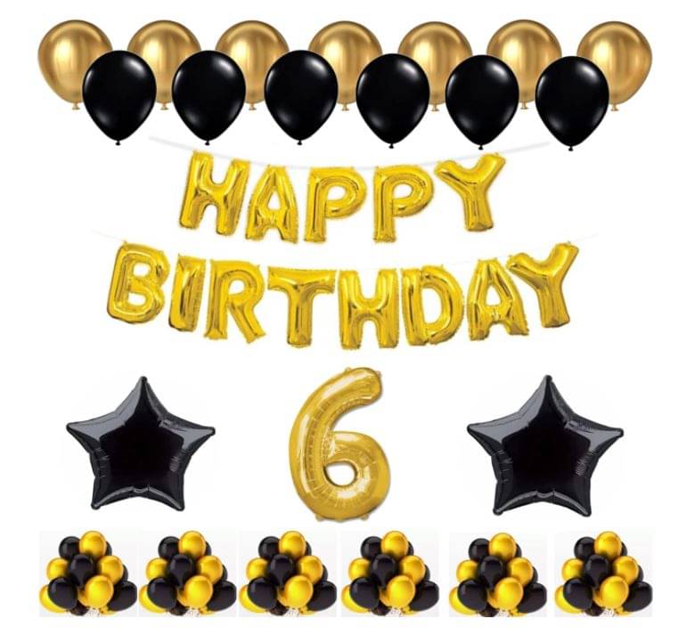     			Blooms Event 1 Set Happy Birthday Foil Balloons (Golden Color, 2 PcsBlack Foil Star , 50 Pcs Metallic Balloons   (Black & Golden),6 No. Foil Number Golden