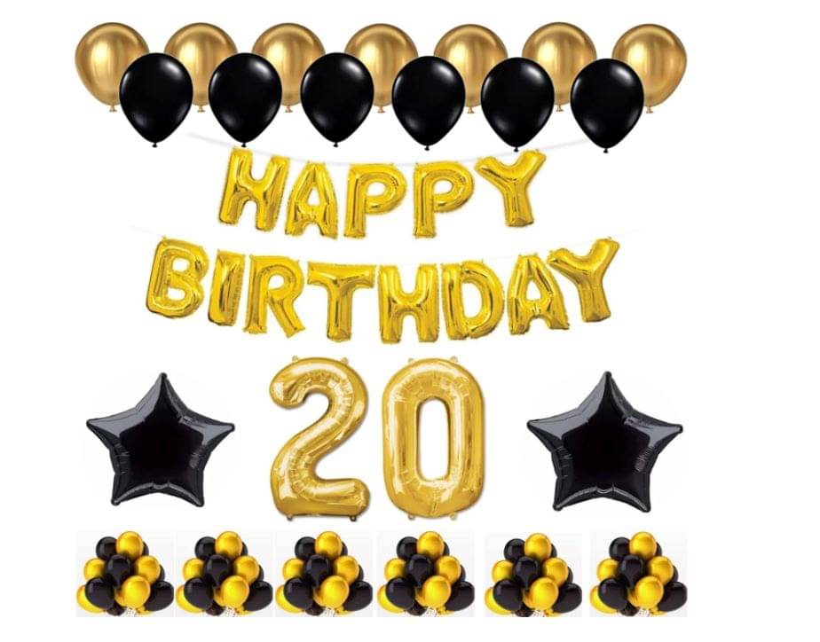 Blooms Event 1 Set Happy Birthday Foil Balloons (Golden Color, 2 PcsBlack Foil Star , 50 Pcs Metallic Balloons (Black & Golden),20 No. Foil Number Golden Blooms Event 1 Set Happy Birthday Foil Balloons (Golden Color, 2 PcsBlack Foil Star , 50 Pcs Metallic Balloons (Black & Golden),20 No. Foil Number Golden
