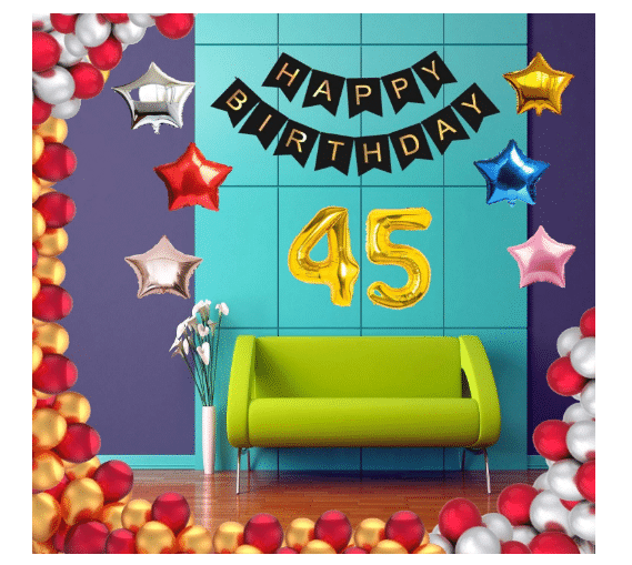    			Blooms Event 1 Set Happy Birthday Banner     Black Color ,  1 Gold ,1 Silver ,1 Red ,1 Royal Blue ,1 Pink & 1 Rose Gold Star shape Foil Balloons, 30 HD Metallic Gold , Silver & Red Balloons ,4& 5 No. Foil Number Silver