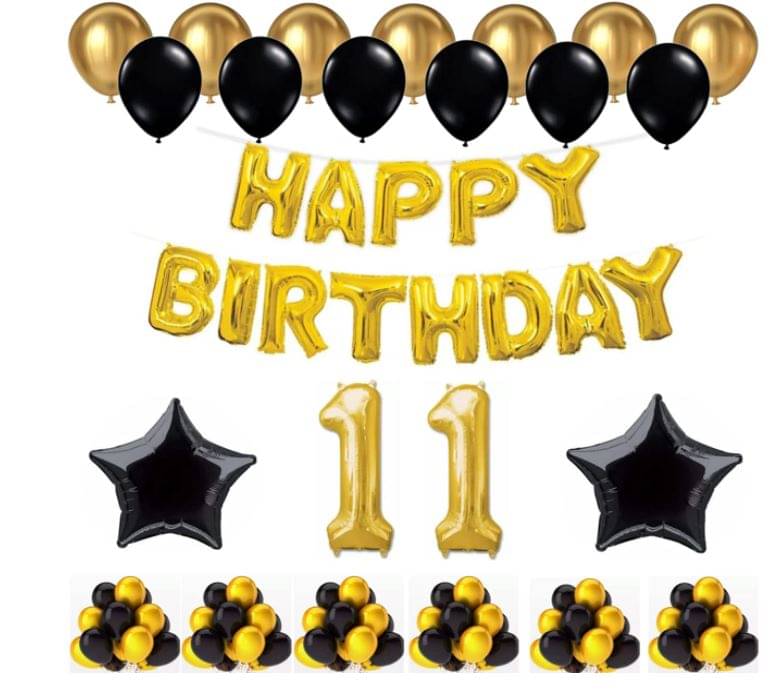     			Blooms Event 1 Set Happy Birthday Foil Balloons (Golden Color, 2 PcsBlack Foil Star , 50 Pcs Metallic Balloons   (Black & Golden),11 No. Foil Number Golden