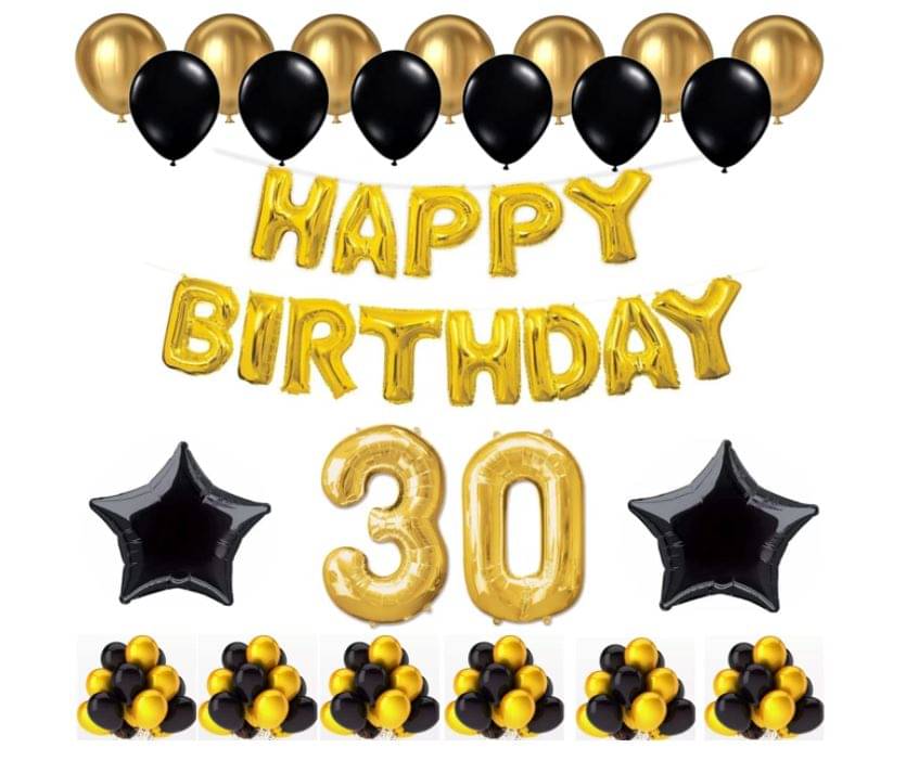 Blooms Event 1 Set Happy Birthday Foil Balloons (Golden Color, 2 PcsBlack Foil Star , 50 Pcs Metallic Balloons (Black & Golden), 30 No. Foil Number Golden Blooms Event 1 Set Happy Birthday Foil Balloons (Golden Color, 2 PcsBlack Foil Star , 50 Pcs Metallic Balloons (Black & Golden), 30 No. Foil Number Golden