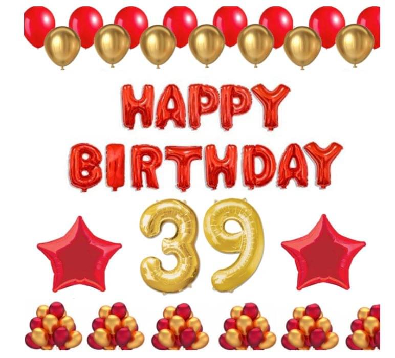     			Blooms Event 1 Set Happy Birthday Foil Balloons (Red Color), 2 Pcs Red Foil Stars, 50 Pcs Metallic Balloons (Red & Golden),39 No. Foil Number Golden