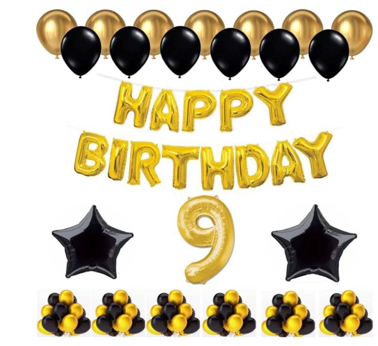     			Blooms Event 1 Set Happy Birthday Foil Balloons (Golden Color, 2 PcsBlack Foil Star , 50 Pcs Metallic Balloons   (Black & Golden),9 No. Foil Number Golden