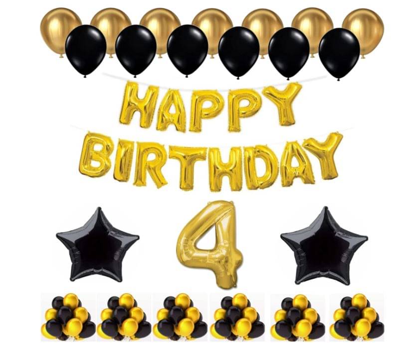 Blooms Event 1 Set Happy Birthday Foil Balloons (Golden Color, 2 PcsBlack Foil Star , 50 Pcs Metallic Balloons   (Black & Golden),4 No. Foil Number Golden     			Blooms Event 1 Set Happy Birthday Foil Balloons (Golden Color, 2 PcsBlack Foil Star , 50 Pcs Metallic Balloons   (Black & Golden),4 No. Foil Number Golden