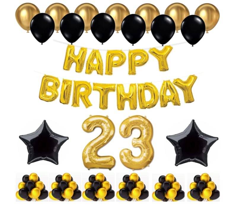 Blooms Event 1 Set Happy Birthday Foil Balloons (Golden Color, 2 PcsBlack Foil Star , 50 Pcs Metallic Balloons (Black & Golden),23 No. Foil Number Golden Blooms Event 1 Set Happy Birthday Foil Balloons (Golden Color, 2 PcsBlack Foil Star , 50 Pcs Metallic Balloons (Black & Golden),23 No. Foil Number Golden