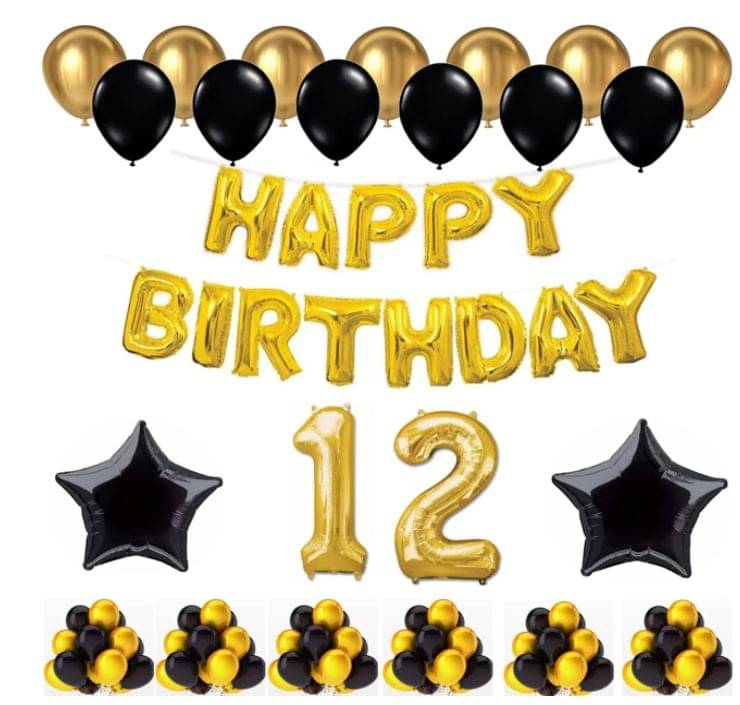 Blooms Event 1 Set Happy Birthday Foil Balloons (Golden Color, 2 PcsBlack Foil Star , 50 Pcs Metallic Balloons (Black & Golden),12 No. Foil Number Golden Blooms Event 1 Set Happy Birthday Foil Balloons (Golden Color, 2 PcsBlack Foil Star , 50 Pcs Metallic Balloons (Black & Golden),12 No. Foil Number Golden