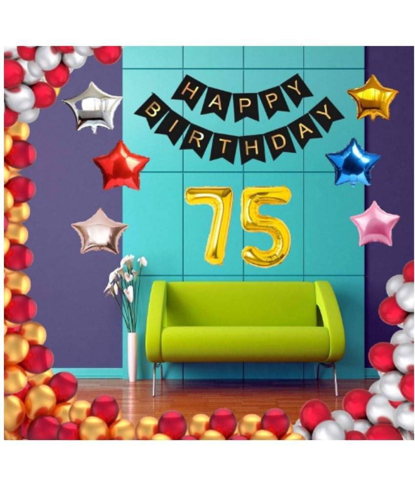     			Blooms Event 1 Set Happy Birthday Banner     Black Color ,  1 Gold ,1 Silver ,1 Red ,1 Royal Blue ,1 Pink & 1 Rose Gold Star shape Foil Balloons, 30 HD Metallic Gold , Silver & Red Balloons ,7 5 No. Foil Number Silver