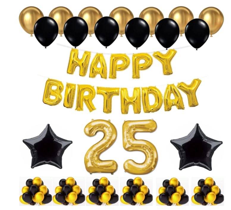 Blooms Event 1 Set Happy Birthday Foil Balloons (Golden Color, 2 PcsBlack Foil Star , 50 Pcs Metallic Balloons (Black & Golden),25 No. Foil Number Golden Blooms Event 1 Set Happy Birthday Foil Balloons (Golden Color, 2 PcsBlack Foil Star , 50 Pcs Metallic Balloons (Black & Golden),25 No. Foil Number Golden