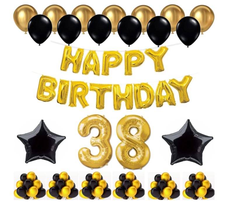     			Blooms Event 1 Set Happy Birthday Foil Balloons (Golden Color, 2 PcsBlack Foil Star , 50 Pcs Metallic Balloons   (Black & Golden),38 No. Foil Number Golden