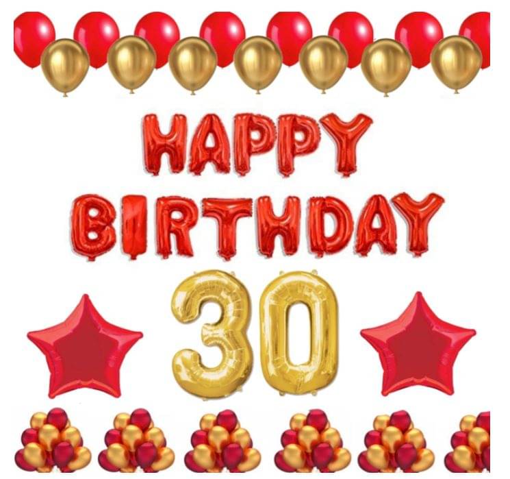     			Blooms Event 1 Set Happy Birthday Foil Balloons (Red Color), 2 Pcs Red Foil Stars, 50 Pcs Metallic Balloons (Red & Golden),  30 No. Foil Number Golden