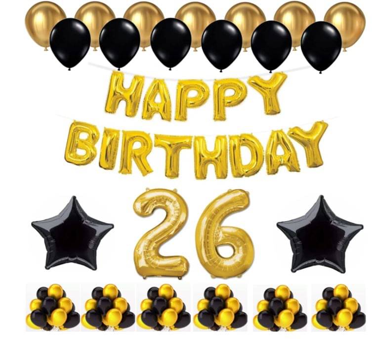 Blooms Event 1 Set Happy Birthday Foil Balloons (Golden Color, 2 PcsBlack Foil Star , 50 Pcs Metallic Balloons (Black & Golden),26 No. Foil Number Golden Blooms Event 1 Set Happy Birthday Foil Balloons (Golden Color, 2 PcsBlack Foil Star , 50 Pcs Metallic Balloons (Black & Golden),26 No. Foil Number Golden
