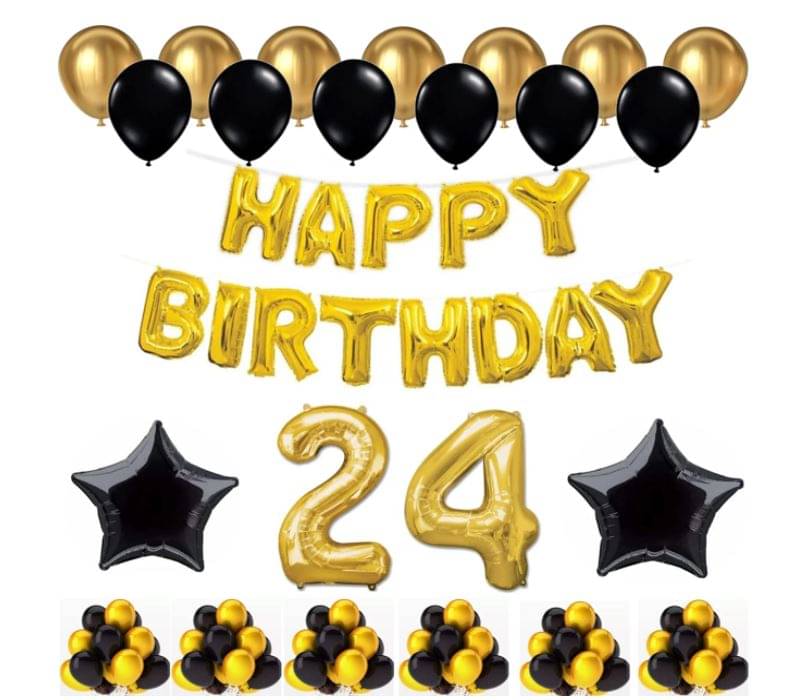 Blooms Event 1 Set Happy Birthday Foil Balloons (Golden Color, 2 PcsBlack Foil Star , 50 Pcs Metallic Balloons (Black & Golden),24 No. Foil Number Golden Blooms Event 1 Set Happy Birthday Foil Balloons (Golden Color, 2 PcsBlack Foil Star , 50 Pcs Metallic Balloons (Black & Golden),24 No. Foil Number Golden