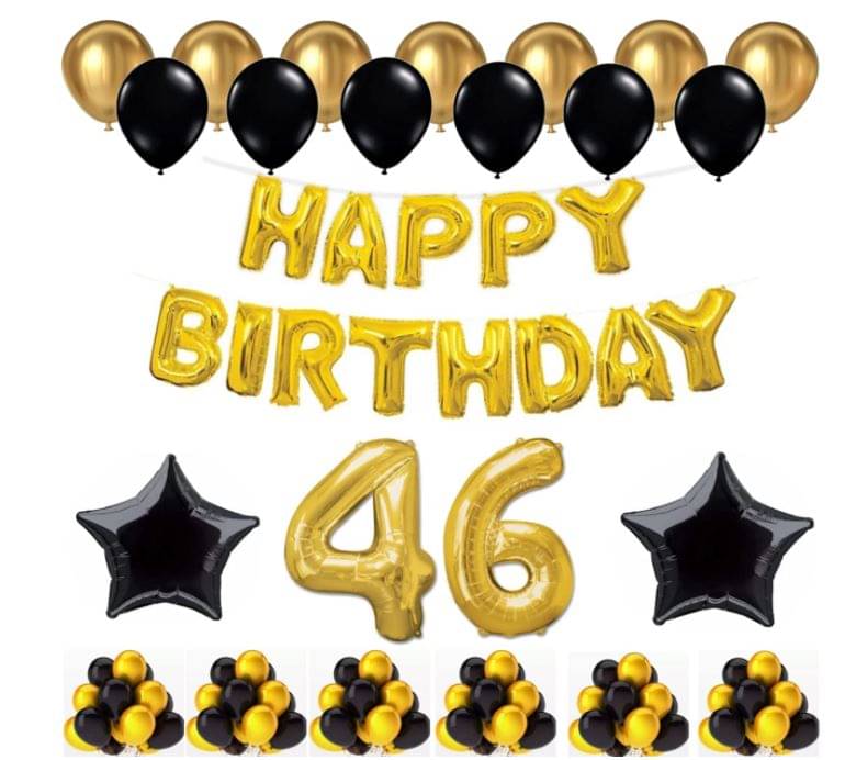 Blooms Event 1 Set Happy Birthday Foil Balloons (Golden Color, 2 PcsBlack Foil Star , 50 Pcs Metallic Balloons (Black & Golden), 46 No. Foil Number Golden Blooms Event 1 Set Happy Birthday Foil Balloons (Golden Color, 2 PcsBlack Foil Star , 50 Pcs Metallic Balloons (Black & Golden), 46 No. Foil Number Golden