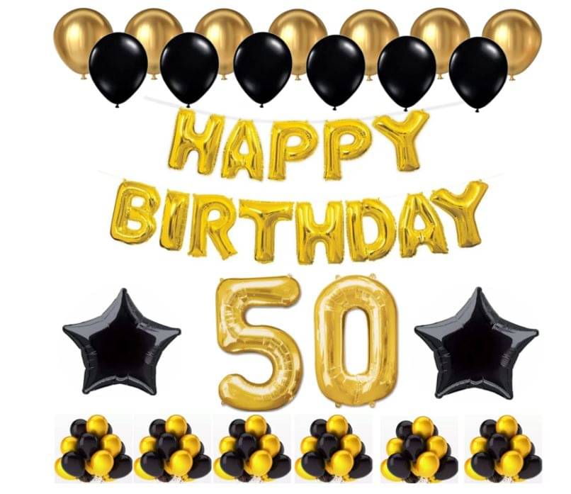 Blooms Event 1 Set Happy Birthday Foil Balloons (Golden Color, 2 PcsBlack Foil Star , 50 Pcs Metallic Balloons (Black & Golden),50 No. Foil Number Golden Blooms Event 1 Set Happy Birthday Foil Balloons (Golden Color, 2 PcsBlack Foil Star , 50 Pcs Metallic Balloons (Black & Golden),50 No. Foil Number Golden
