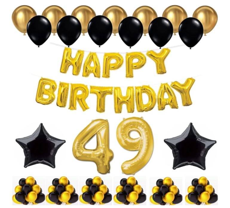 Blooms Event 1 Set Happy Birthday Foil Balloons (Golden Color, 2 PcsBlack Foil Star , 50 Pcs Metallic Balloons (Black & Golden),49 No. Foil Number Golden Blooms Event 1 Set Happy Birthday Foil Balloons (Golden Color, 2 PcsBlack Foil Star , 50 Pcs Metallic Balloons (Black & Golden),49 No. Foil Number Golden