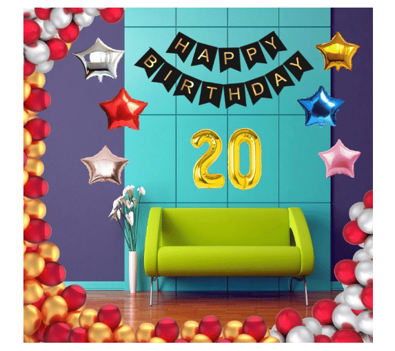     			Blooms Event 1 Set Happy Birthday Banner     Black Color ,  1 Gold ,1 Silver ,1 Red ,1 Royal Blue ,1 Pink & 1 Rose Gold Star shape Foil Balloons, 30 HD Metallic Gold , Silver & Red Balloons ,20 No. Foil Number Silver