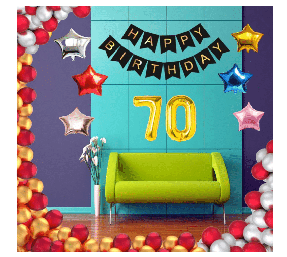     			Blooms Event 1 Set Happy Birthday Banner     Black Color ,  1 Gold ,1 Silver ,1 Red ,1 Royal Blue ,1 Pink & 1 Rose Gold Star shape Foil Balloons, 30 HD Metallic Gold , Silver & Red Balloons ,70 No. Foil Number Silver