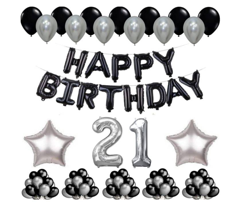 Blooms Event 1 Set Happy Birthday Foil Balloons Black Color , 2 Pcs silver Foil Star , 50 Pcs Metallic Balloons (Black & Silver ),21 No. Foil Number Silver Blooms Event 1 Set Happy Birthday Foil Balloons Black Color , 2 Pcs silver Foil Star , 50 Pcs Metallic Balloons (Black & Silver ),21 No. Foil Number Silver