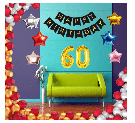     			Blooms Event 1 Set Happy Birthday Banner     Black Color ,  1 Gold ,1 Silver ,1 Red ,1 Royal Blue ,1 Pink & 1 Rose Gold Star shape Foil Balloons, 30 HD Metallic Gold , Silver & Red Balloons ,60 No. Foil Number Silver