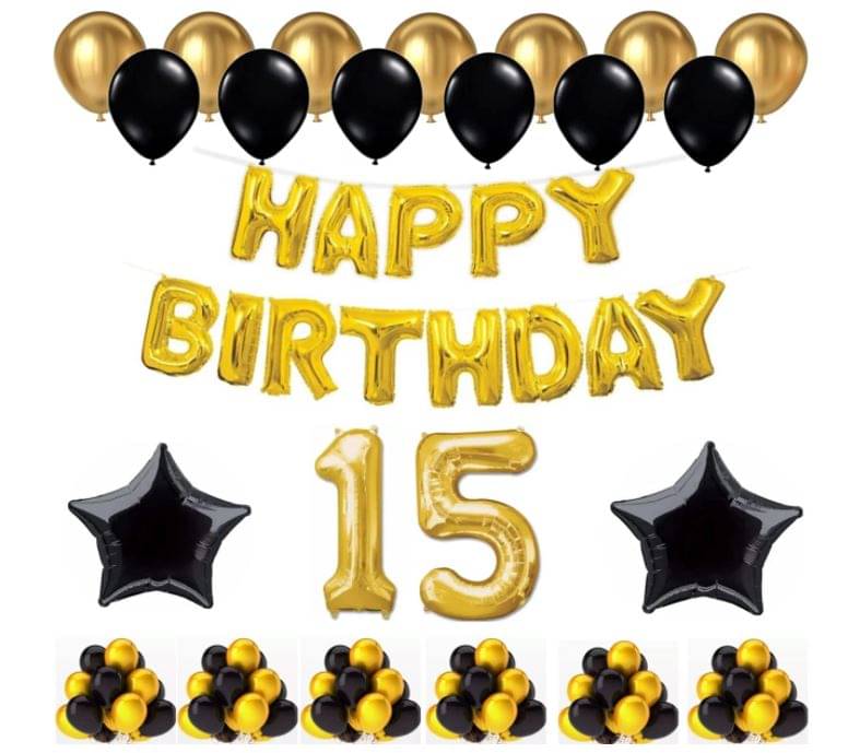     			Blooms Event 1 Set Happy Birthday Foil Balloons (Golden Color, 2 PcsBlack Foil Star , 50 Pcs Metallic Balloons   (Black & Golden),15 No. Foil Number Golden