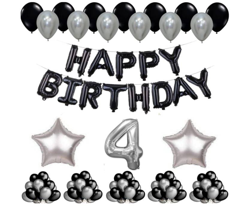     			Blooms Event 1 Set Happy Birthday Foil Balloons     Black Color , 2 Pcs silver  Foil Star , 50 Pcs Metallic Balloons   (Black &  Silver ),4 No. Foil Number Silver