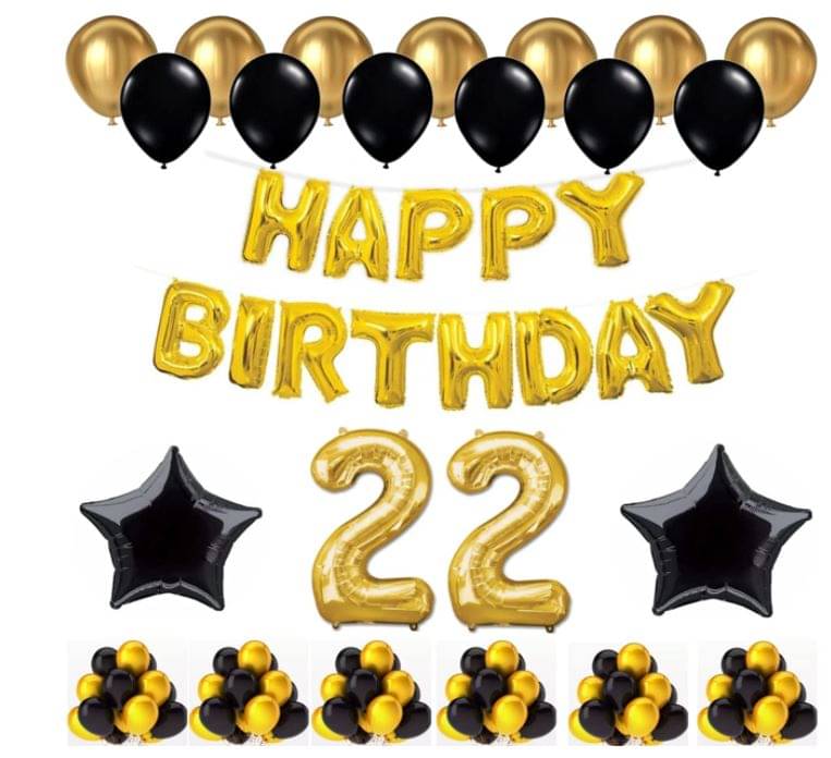     			Blooms Event 1 Set Happy Birthday Foil Balloons (Golden Color, 2 PcsBlack Foil Star , 50 Pcs Metallic Balloons   (Black & Golden),22 No. Foil Number Golden