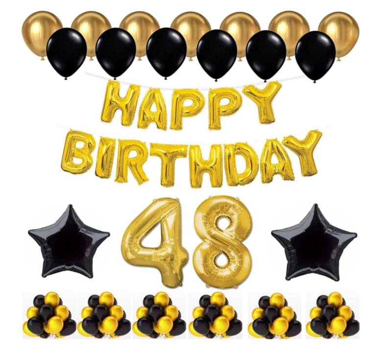 Blooms Event 1 Set Happy Birthday Foil Balloons (Golden Color, 2 PcsBlack Foil Star , 50 Pcs Metallic Balloons (Black & Golden) 48 No. Foil Number Golden Blooms Event 1 Set Happy Birthday Foil Balloons (Golden Color, 2 PcsBlack Foil Star , 50 Pcs Metallic Balloons (Black & Golden) 48 No. Foil Number Golden