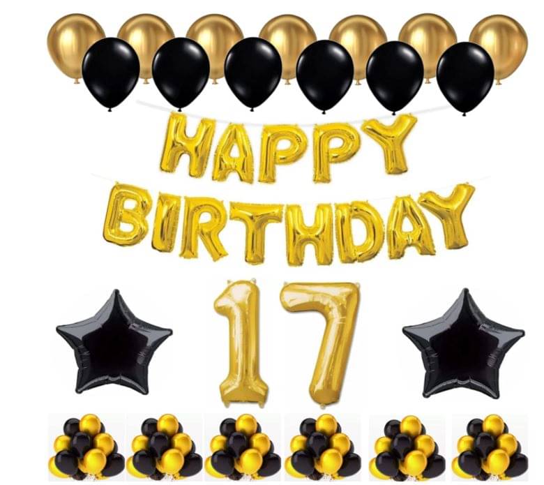 Blooms Event 1 Set Happy Birthday Foil Balloons (Golden Color, 2 PcsBlack Foil Star , 50 Pcs Metallic Balloons (Black & Golden), 17 No. Foil Number Golden Blooms Event 1 Set Happy Birthday Foil Balloons (Golden Color, 2 PcsBlack Foil Star , 50 Pcs Metallic Balloons (Black & Golden), 17 No. Foil Number Golden