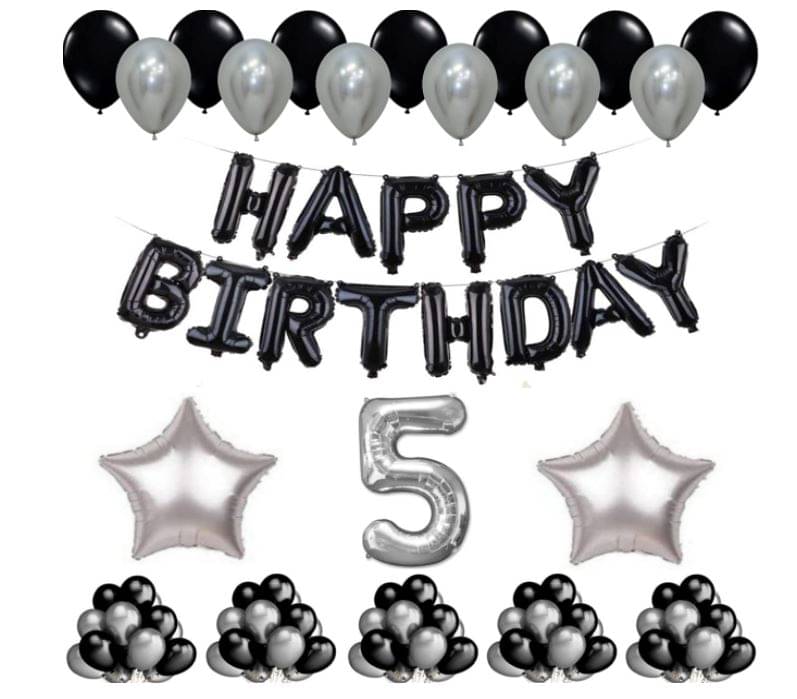     			Blooms Event 1 Set Happy Birthday Foil Balloons     Black Color , 2 Pcs silver  Foil Star , 50 Pcs Metallic Balloons   (Black &  Silver ),5 No. Foil Number Silver
