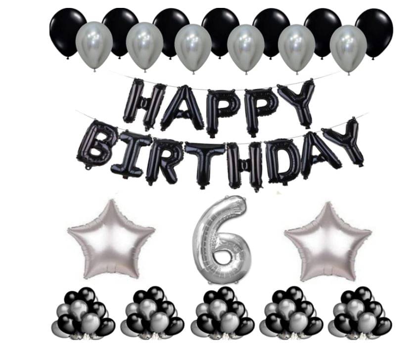     			Blooms Event 1 Set Happy Birthday Foil Balloons     Black Color , 2 Pcs silver  Foil Star , 50 Pcs Metallic Balloons   (Black &  Silver ),6 No. Foil Number Silver