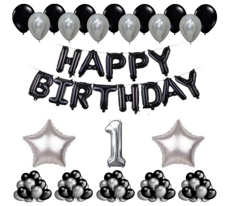 Blooms Event 1 Set Happy Birthday Foil Balloons Black Color , 2 Pcs silver Foil Star , 50 Pcs Metallic Balloons (Black & Silver ), 1 No. Foil Number Silver Blooms Event 1 Set Happy Birthday Foil Balloons Black Color , 2 Pcs silver Foil Star , 50 Pcs Metallic Balloons (Black & Silver ), 1 No. Foil Number Silver