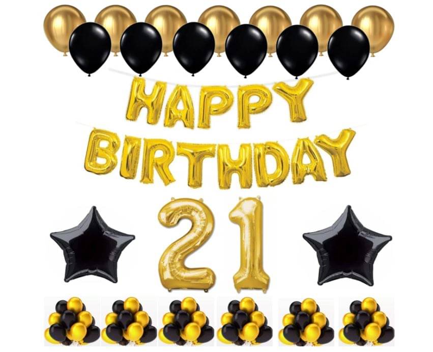     			Blooms Event 1 Set Happy Birthday Foil Balloons (Golden Color, 2 PcsBlack Foil Star , 50 Pcs Metallic Balloons   (Black & Golden),21 No. Foil Number Golden