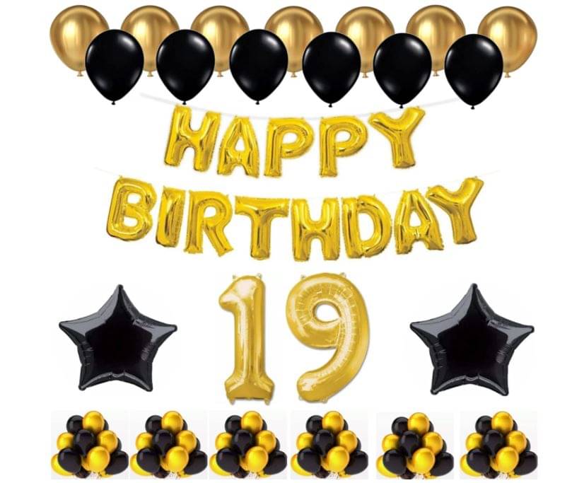     			Blooms Event 1 Set Happy Birthday Foil Balloons (Golden Color, 2 PcsBlack Foil Star , 50 Pcs Metallic Balloons   (Black & Golden), 19 No. Foil Number Golden