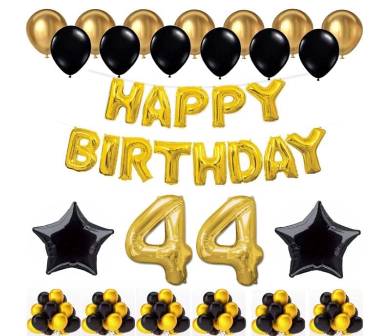     			Blooms Event 1 Set Happy Birthday Foil Balloons (Golden Color, 2 PcsBlack Foil Star , 50 Pcs Metallic Balloons   (Black & Golden), 44 No. Foil Number Golden