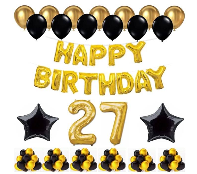 Blooms Event 1 Set Happy Birthday Foil Balloons (Golden Color, 2 PcsBlack Foil Star , 50 Pcs Metallic Balloons (Black & Golden),27 No. Foil Number Golden Blooms Event 1 Set Happy Birthday Foil Balloons (Golden Color, 2 PcsBlack Foil Star , 50 Pcs Metallic Balloons (Black & Golden),27 No. Foil Number Golden