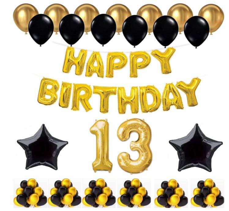 Blooms Event 1 Set Happy Birthday Foil Balloons (Golden Color, 2 PcsBlack Foil Star , 50 Pcs Metallic Balloons (Black & Golden),13No. Foil Number Golden Blooms Event 1 Set Happy Birthday Foil Balloons (Golden Color, 2 PcsBlack Foil Star , 50 Pcs Metallic Balloons (Black & Golden),13No. Foil Number Golden