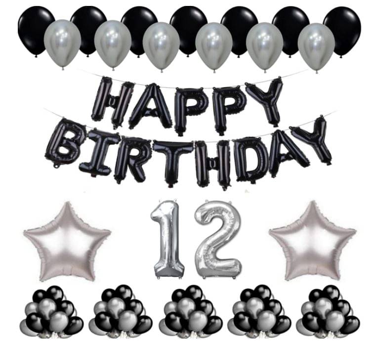 Blooms Event 1 Set Happy Birthday Foil Balloons Black Color , 2 Pcs silver Foil Star , 50 Pcs Metallic Balloons (Black & Silver ),12 No. Foil Number Silver Blooms Event 1 Set Happy Birthday Foil Balloons Black Color , 2 Pcs silver Foil Star , 50 Pcs Metallic Balloons (Black & Silver ),12 No. Foil Number Silver