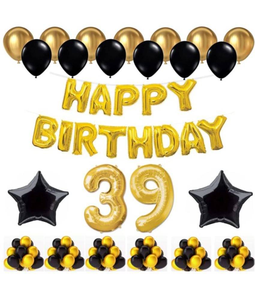 Blooms Event 1 Set Happy Birthday Foil Balloons (Golden Color, 2 PcsBlack Foil Star , 50 Pcs Metallic Balloons (Black & Golden),39 No. Foil Number Golden Blooms Event 1 Set Happy Birthday Foil Balloons (Golden Color, 2 PcsBlack Foil Star , 50 Pcs Metallic Balloons (Black & Golden),39 No. Foil Number Golden