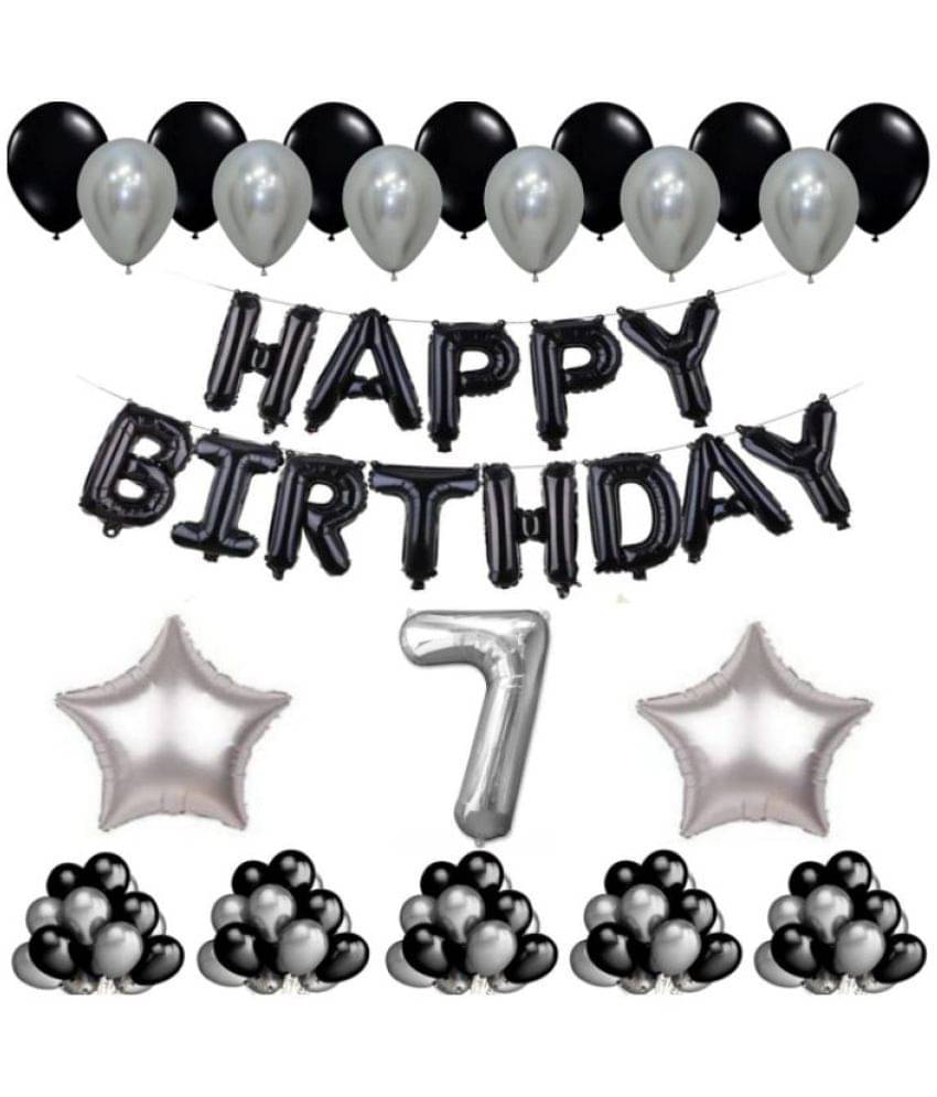 Blooms Event 1 Set Happy Birthday Foil Balloons     Black Color , 2 Pcs silver  Foil Star , 50 Pcs Metallic Balloons   (Black &  Silver ),7 No. Foil Number Silver     			Blooms Event 1 Set Happy Birthday Foil Balloons     Black Color , 2 Pcs silver  Foil Star , 50 Pcs Metallic Balloons   (Black &  Silver ),7 No. Foil Number Silver