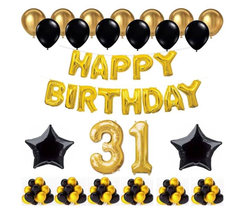     			Blooms Event 1 Set Happy Birthday Foil Balloons (Golden Color, 2 PcsBlack Foil Star , 50 Pcs Metallic Balloons   (Black & Golden), 3 1 No. Foil Number Golden