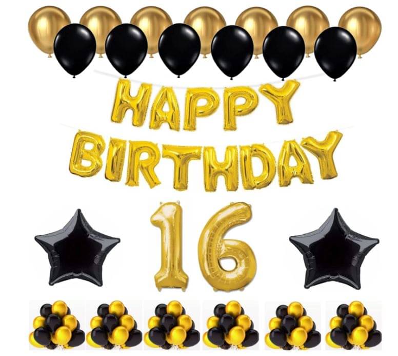 Blooms Event 1 Set Happy Birthday Foil Balloons (Golden Color, 2 PcsBlack Foil Star , 50 Pcs Metallic Balloons (Black & Golden),16 No. Foil Number Golden Blooms Event 1 Set Happy Birthday Foil Balloons (Golden Color, 2 PcsBlack Foil Star , 50 Pcs Metallic Balloons (Black & Golden),16 No. Foil Number Golden