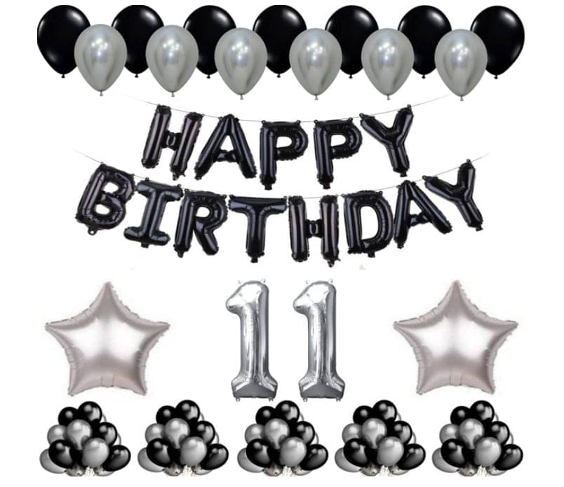 Blooms Event 1 Set Happy Birthday Foil Balloons Black Color , 2 Pcs silver Foil Star , 50 Pcs Metallic Balloons (Black & Silver ),11 No. Foil Number Silver Blooms Event 1 Set Happy Birthday Foil Balloons Black Color , 2 Pcs silver Foil Star , 50 Pcs Metallic Balloons (Black & Silver ),11 No. Foil Number Silver