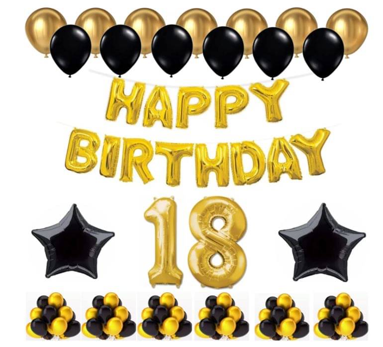    			Blooms Event 1 Set Happy Birthday Foil Balloons (Golden Color, 2 PcsBlack Foil Star , 50 Pcs Metallic Balloons   (Black & Golden), 18 No. Foil Number Golden