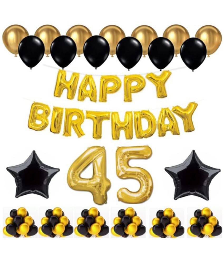 Blooms Event 1 Set Happy Birthday Foil Balloons (Golden Color, 2 PcsBlack Foil Star , 50 Pcs Metallic Balloons (Black & Golden), 45 No. Foil Number Golden Blooms Event 1 Set Happy Birthday Foil Balloons (Golden Color, 2 PcsBlack Foil Star , 50 Pcs Metallic Balloons (Black & Golden), 45 No. Foil Number Golden