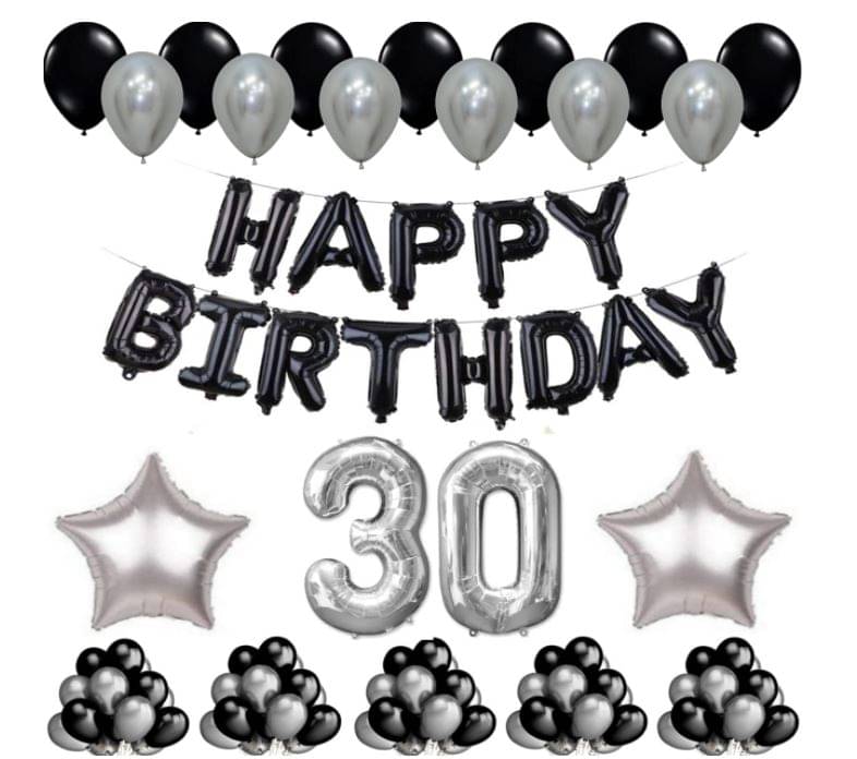 Blooms Event 1 Set Happy Birthday Foil Balloons Black Color , 2 Pcs silver Foil Star , 50 Pcs Metallic Balloons (Black & Silver ), 30 No. Foil Number Silver Blooms Event 1 Set Happy Birthday Foil Balloons Black Color , 2 Pcs silver Foil Star , 50 Pcs Metallic Balloons (Black & Silver ), 30 No. Foil Number Silver