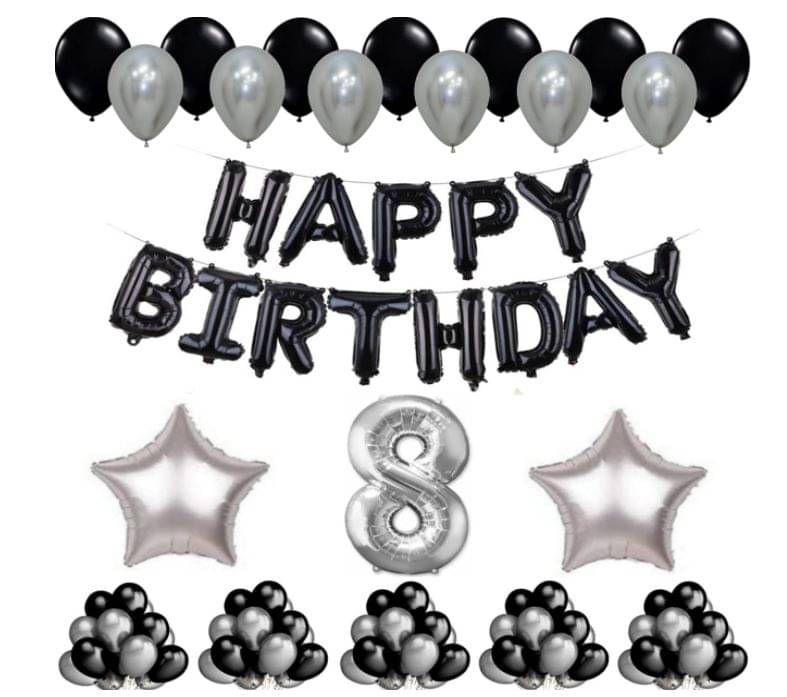 Blooms Event 1 Set Happy Birthday Foil Balloons     Black Color , 2 Pcs silver  Foil Star , 50 Pcs Metallic Balloons   (Black &  Silver ),8 No. Foil Number Silver     			Blooms Event 1 Set Happy Birthday Foil Balloons     Black Color , 2 Pcs silver  Foil Star , 50 Pcs Metallic Balloons   (Black &  Silver ),8 No. Foil Number Silver